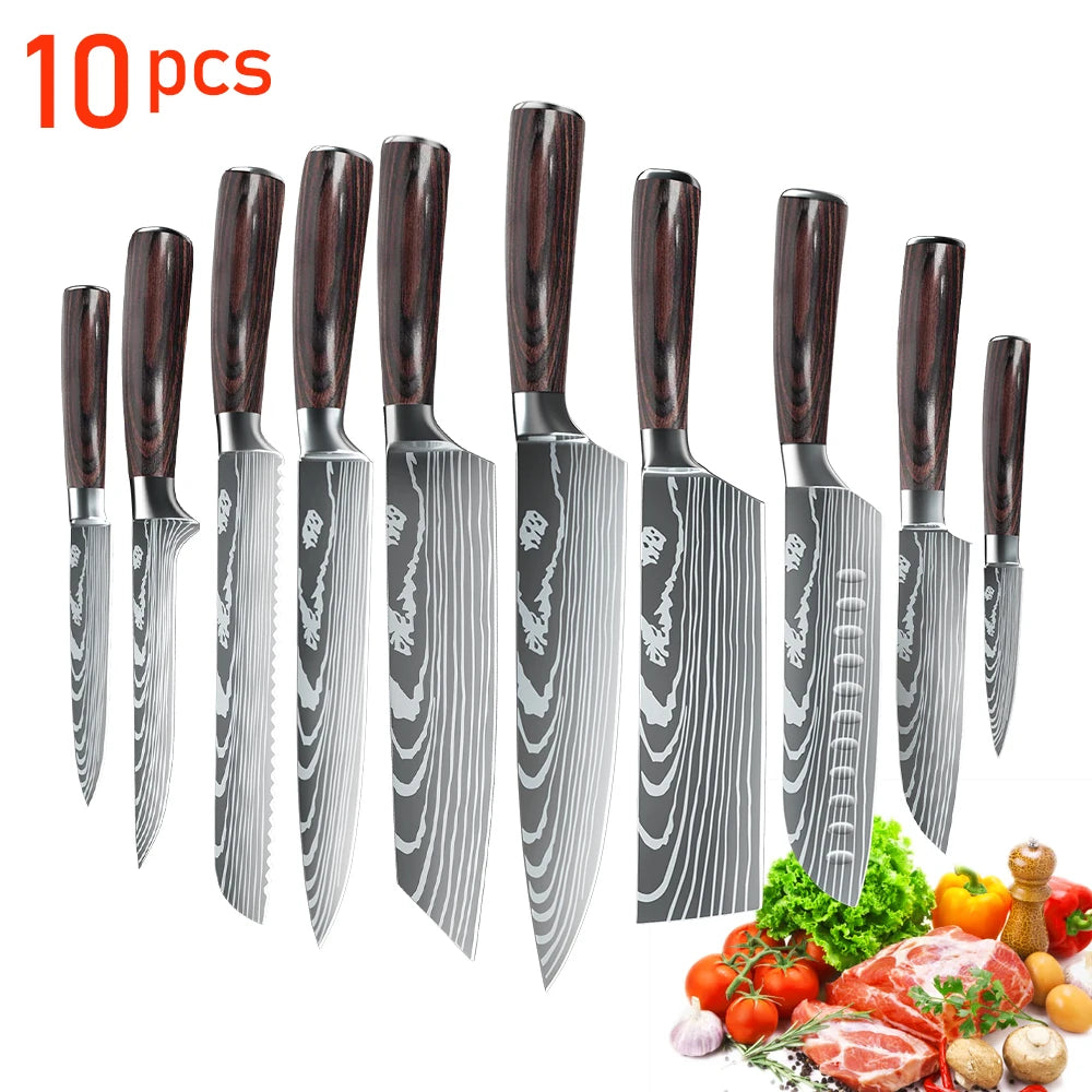 Kitchen Knives Set 10pcs Professional Chef Knives 7CR17 440C High Carbon Stainless Steel Sharp Santoku Boning Knife Gift Case Se