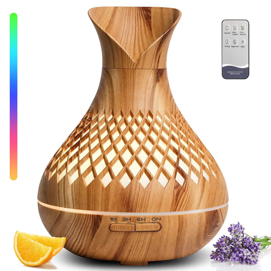 500ml Wood Grain Humidifier with Flowers, Quiet Aromatherapy Diffuser,