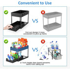 2-Tier Pull Out Under Sink Organizer, Storage Rack with Hooks & Cups, Space Saving Slide-Out Shelf for Kitchen Bathroom Cabinet