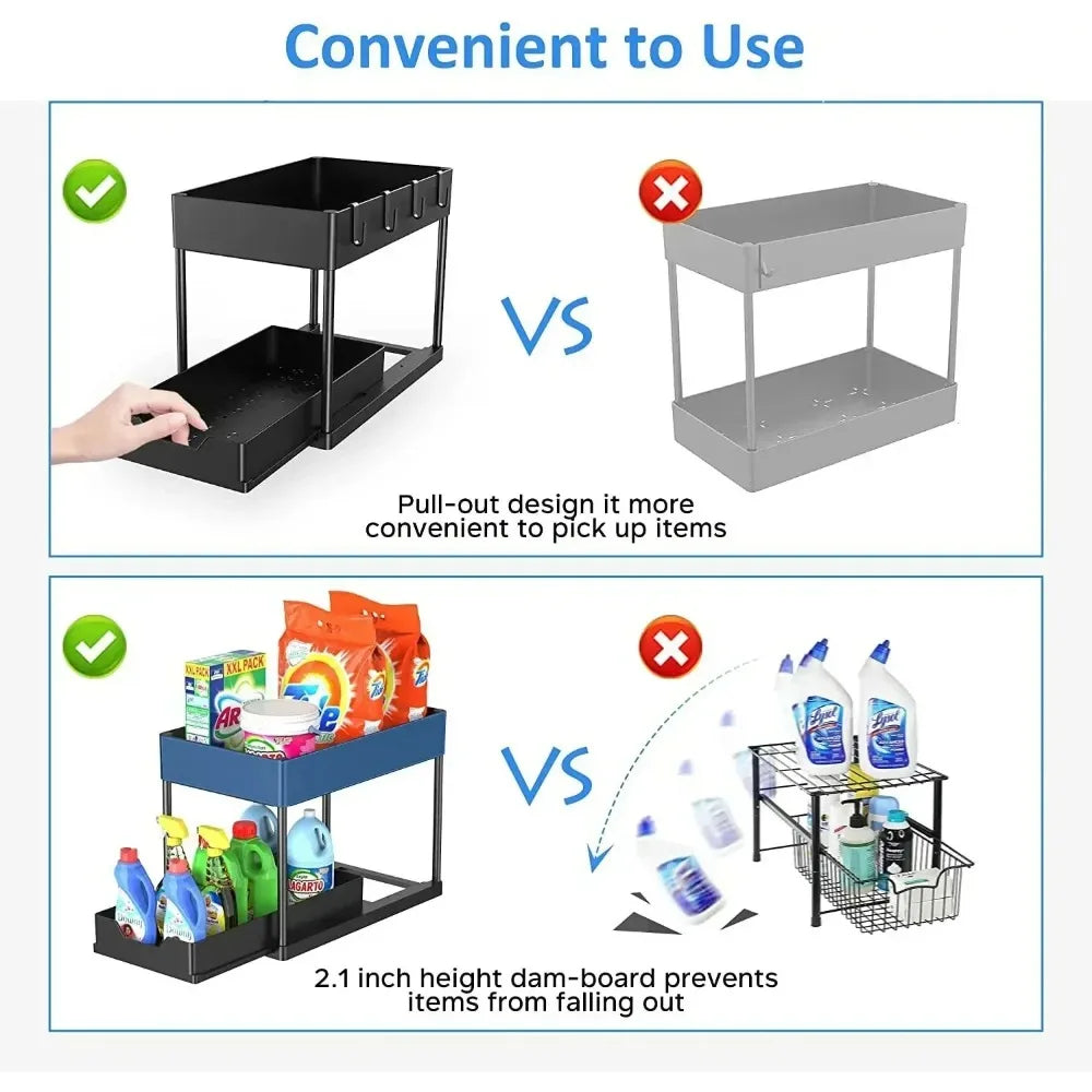 2-Tier Pull Out Under Sink Organizer, Storage Rack with Hooks & Cups, Space Saving Slide-Out Shelf for Kitchen Bathroom Cabinet