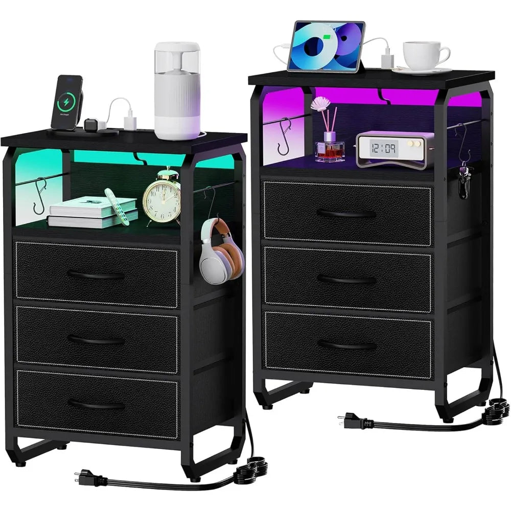 Bed Side Table with 3 Fabric Drawers,  LED Nightstand with Hooks, Bedside Table with Charging Station, End Table with Storage
