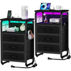 Bed Side Table with 3 Fabric Drawers,  LED Nightstand with Hooks, Bedside Table with Charging Station, End Table with Storage