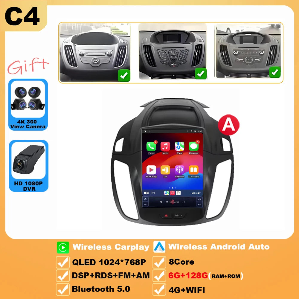 Wireless Android 15 Carplay For Ford Kuga 2 Escape 3 2012-2019 9.7 Inch Tesla Style Car Multimedia Player 5G Wifi Touch Display