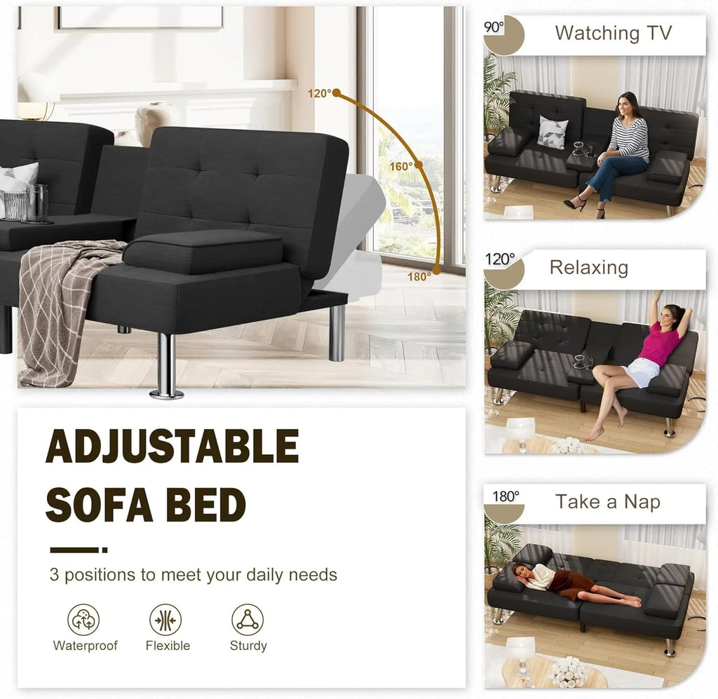 Modern Linen Upholstered Convertible Folding Futon Sofa Bed with Removable Armrests, Metal Legs, 2 Cup Holders for Living Room