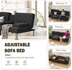 Modern Linen Upholstered Convertible Folding Futon Sofa Bed with Removable Armrests, Metal Legs, 2 Cup Holders for Living Room
