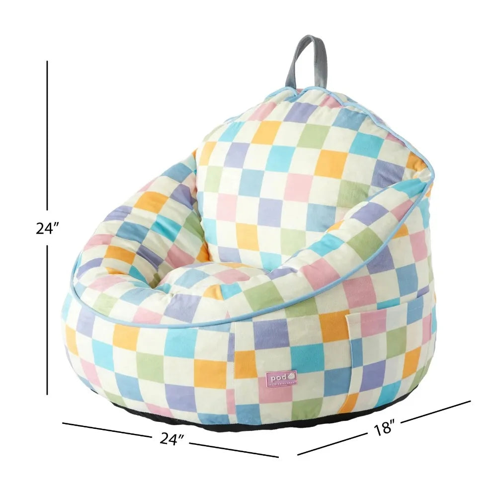 Compressed Foam Bean Bag Chair for Kids, Rainbow Checkerboard