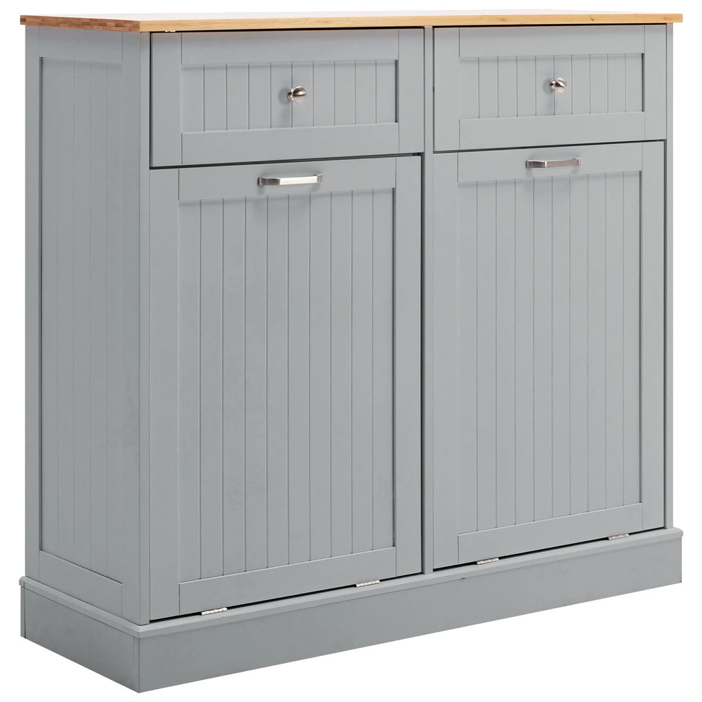 Trash Cabinet Tilt Out Freestanding, Pet Proof Kitchen Trash Cabinet Laundry Hamper with Cutting Board, Wood Garbage Recycling S