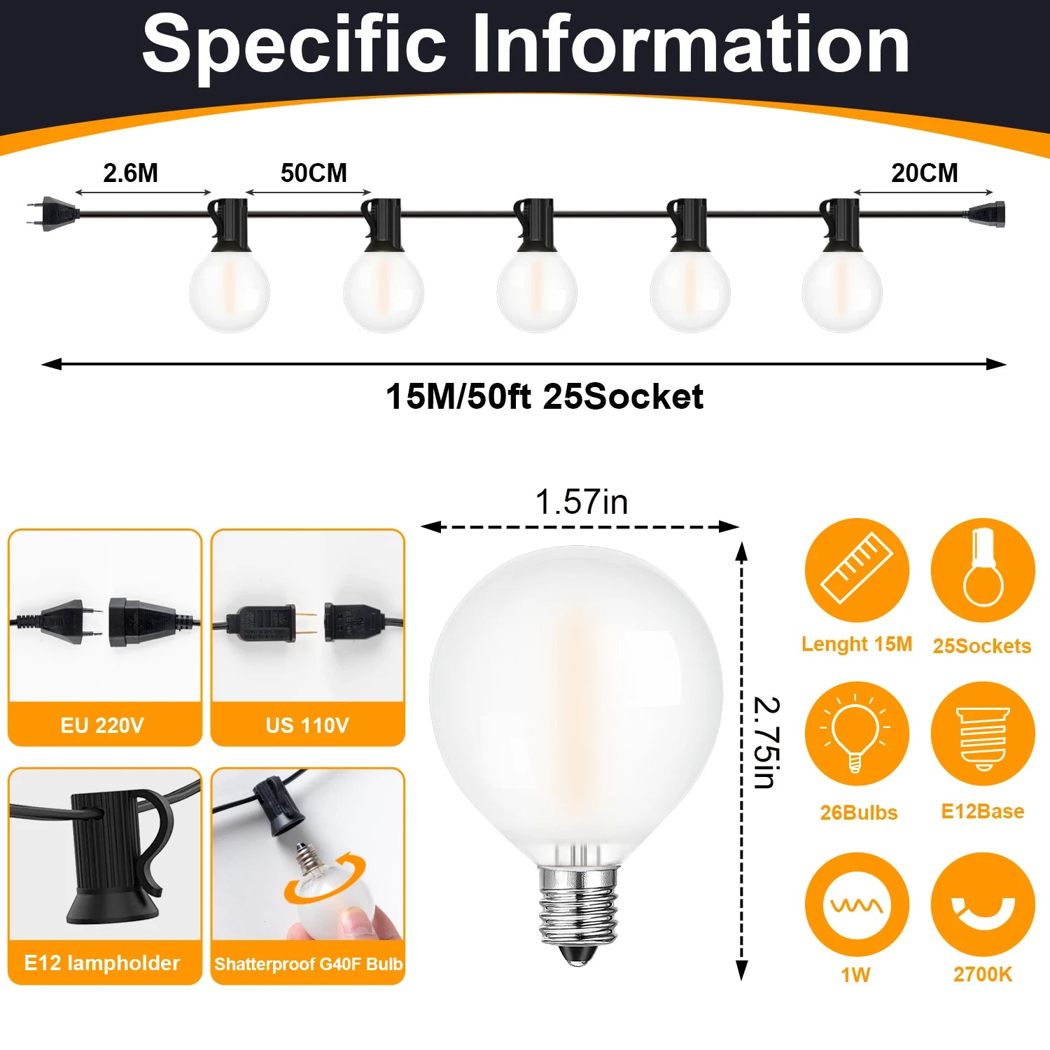 Vintage G40 Frosted Globe String Lights E12 220V EU Warm White 110V US Waterproof Retro Wedding Garden Light New Year's Garland