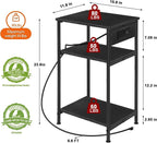 Nightstand with Charging Station,3 Tier Black Nightstand End Table with Storage Shelf,Narrow Side Table with USB Ports