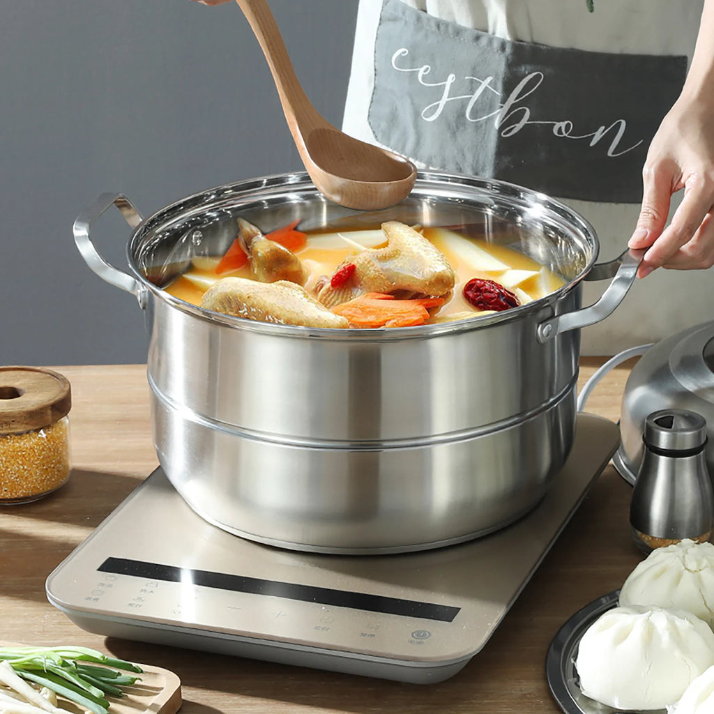 304 Thickened Stainless Steel Steamer, 32cm 5-Layer Stackable Universal Cooking Pot with Lid for Induction and Gas Cooker