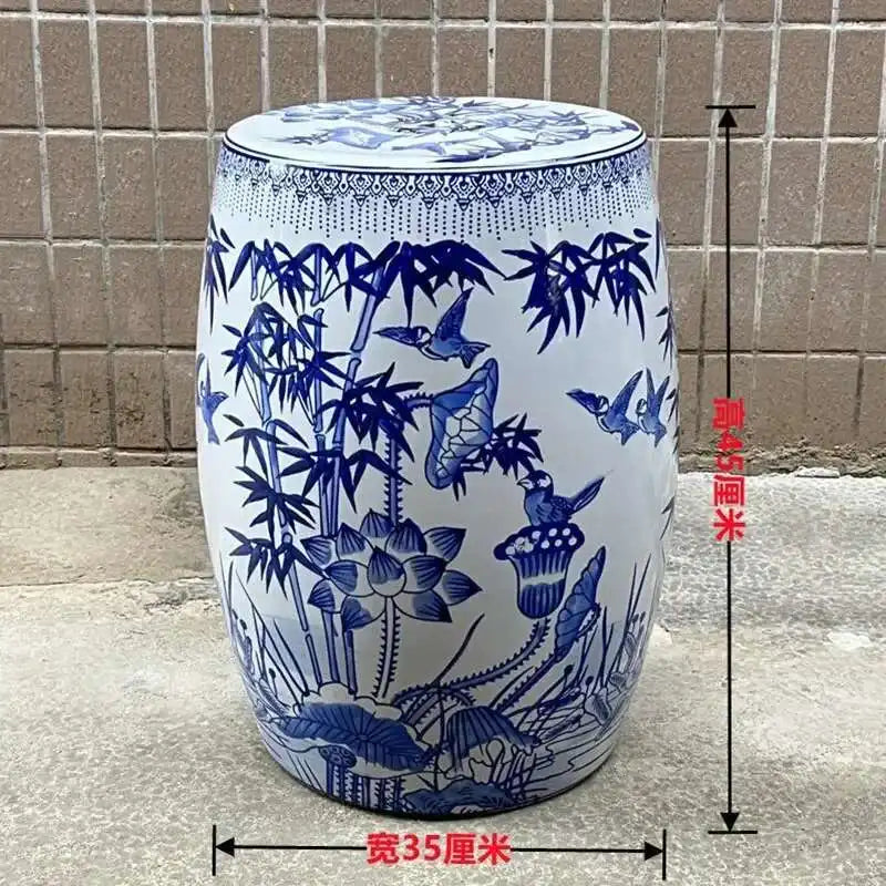 Hand Drawn Blue and White Porcelain Shoe Changing Stool Ceramic Drum Bathroom Neoclassical Imitation Sitting Stool Low Round