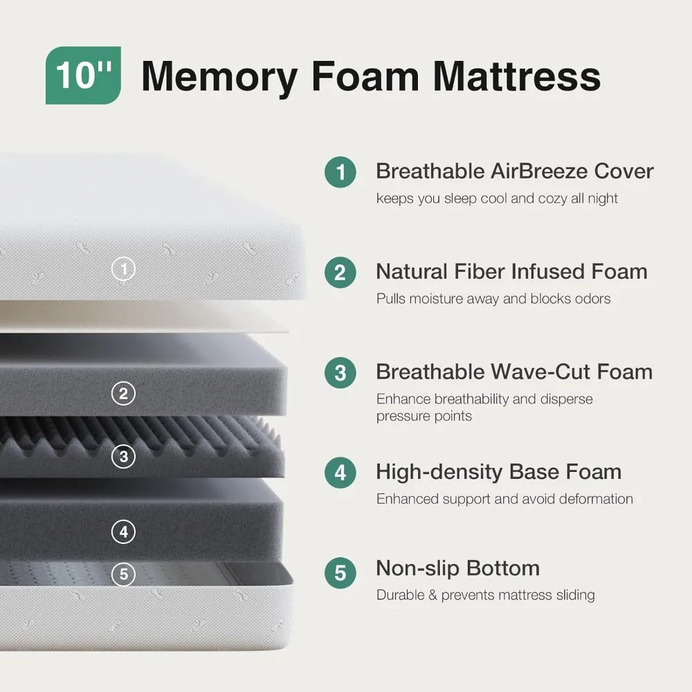Comfort Memory Foam Mattress, 10 Inch Mattress with High-Density Support Foam for Pressure Relief & Contour Support Mattresses