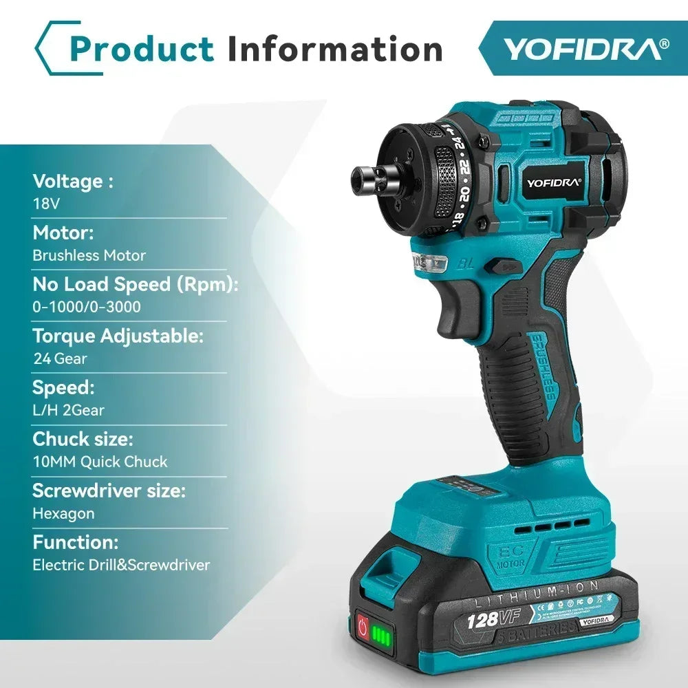YOFIDRA 2 in1 Brushless Electric Screwdriver Hammer Cordless Drill Impact Multifunctional Power Tool For Makita 18V Battery Pin
