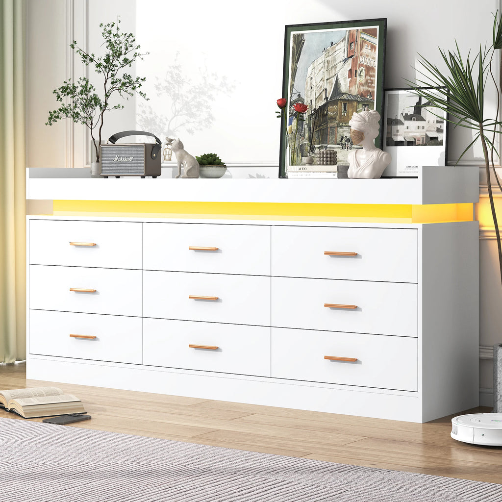 9 Drawer Dresser with LED Light & Charging Station, Modern Chest of Drawers for Closet, 63" Wide Drawer Organizer Cabinet