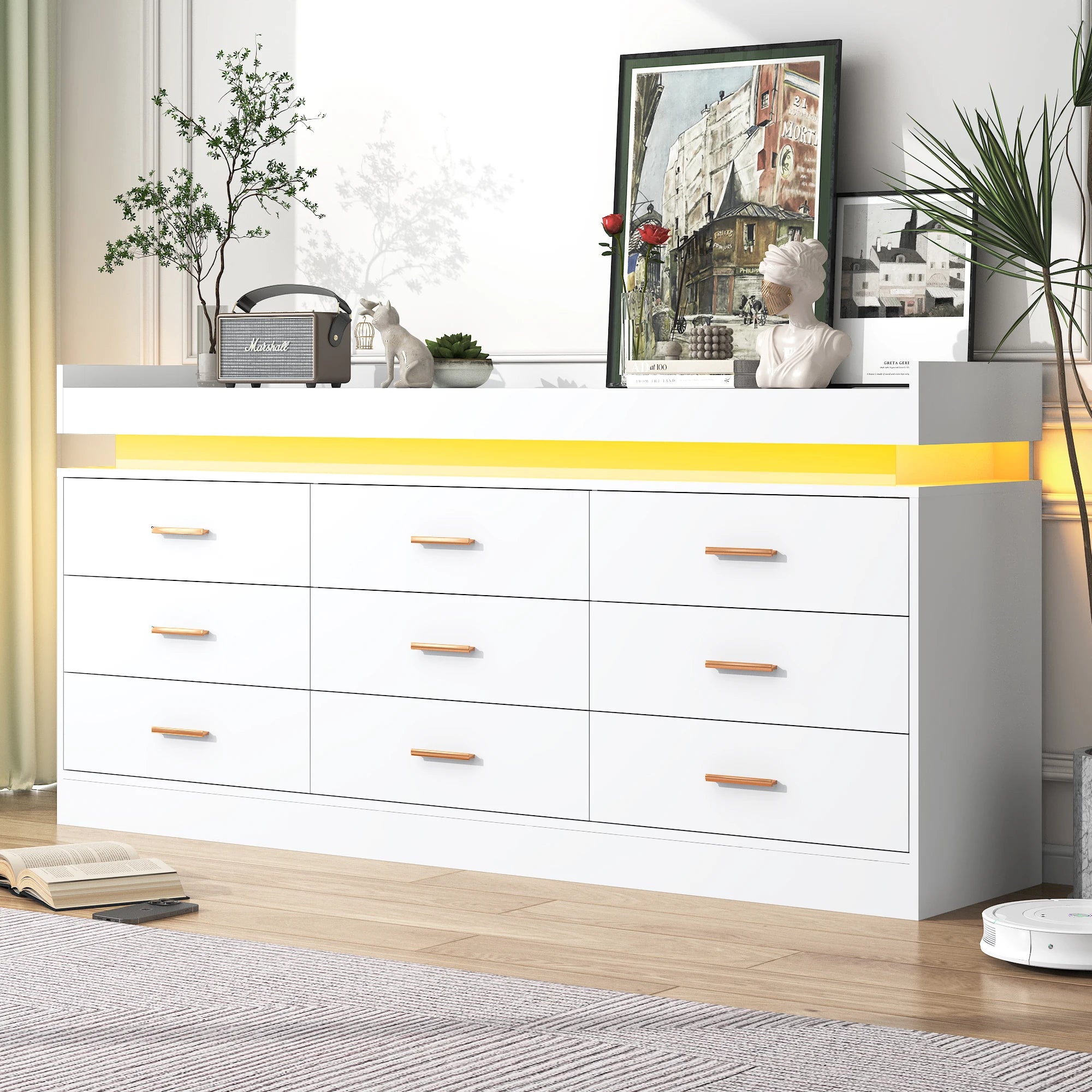 9 Drawer Dresser with LED Light & Charging Station, Modern Chest of Drawers for Closet, 63" Wide Drawer Organizer Cabinet