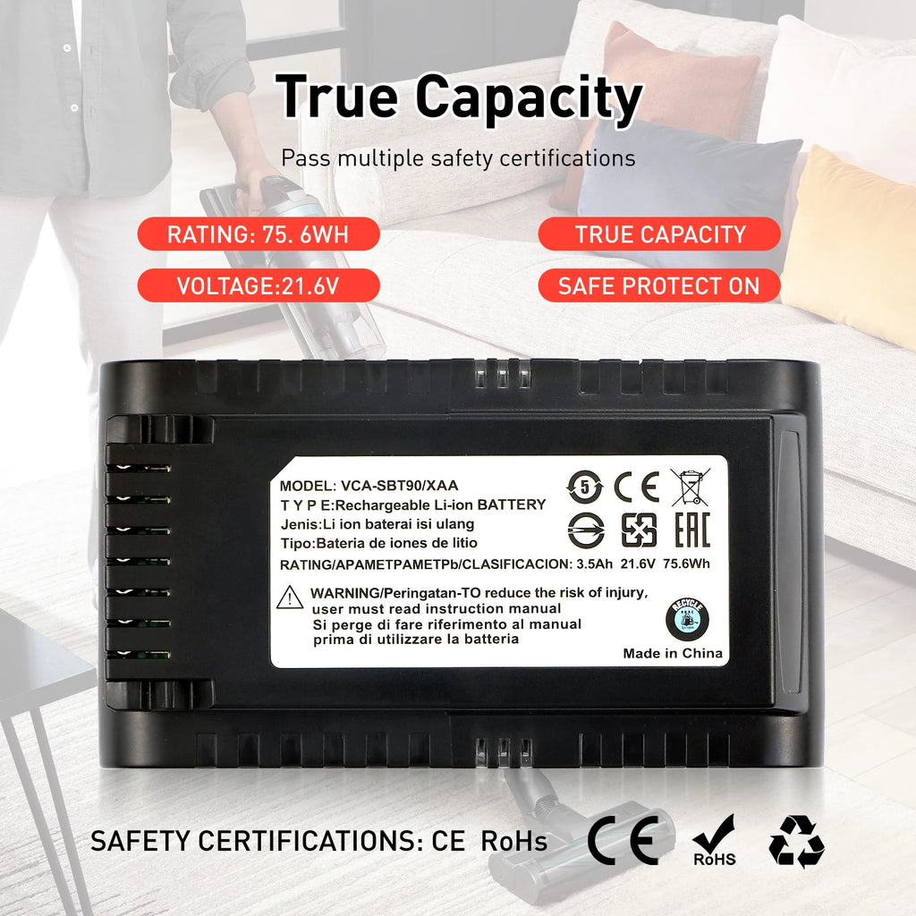 21.6V 3500mAh Replacement Vacuum Cleaner Li-ion Battery for Samsung Jet 90/Jet 75 Pet/Jet 75 Cordless Stick Vacuum VCA-SBT90/XAA
