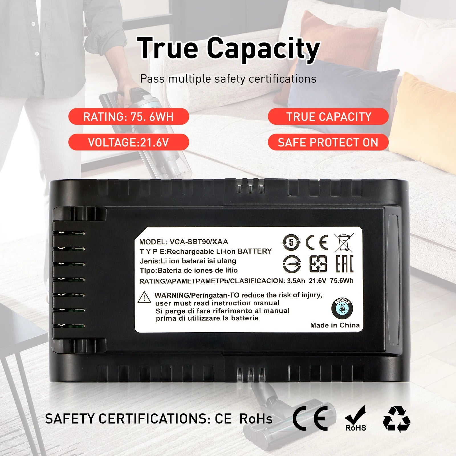 21.6V 3500mAh Replacement Vacuum Cleaner Li-ion Battery for Samsung Jet 90/Jet 75 Pet/Jet 75 Cordless Stick Vacuum VCA-SBT90/XAA