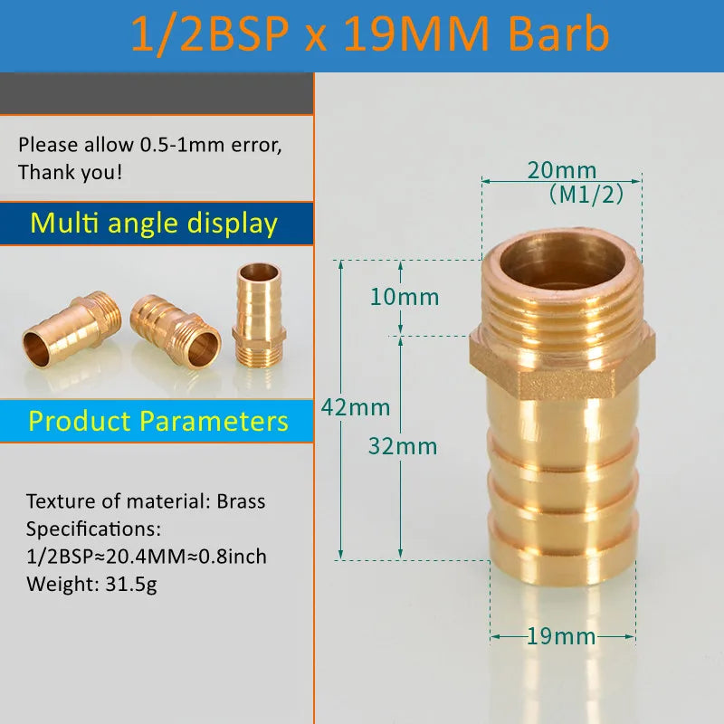 Brass Pipe Fitting 6/8/10/12/14/16mm Hose Barb Tail 1/8" 3/8" 1/4" BSP Male Connector Joint Copper Coupler Adapter