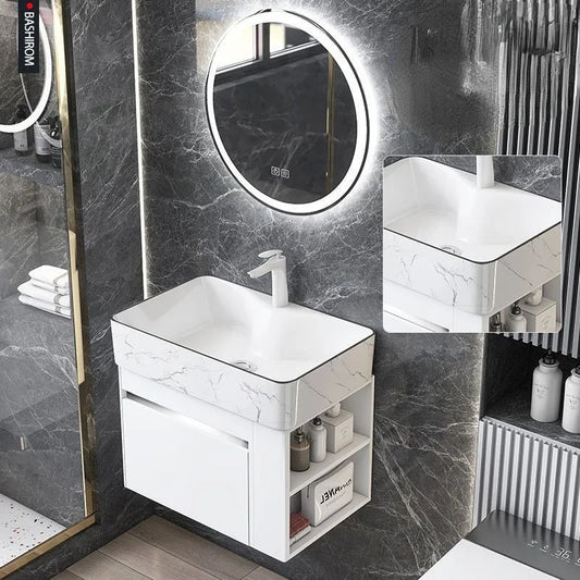 Minimalist Mini Bathroom Cabinet with Side Storage Ceramic Integrated Basin Bathroom Vanity Cabinet with Sink Bathroom Furniture