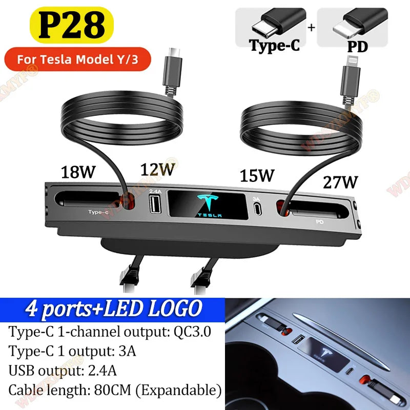 Quick Charger USB Shunt HUB For Tesla Model 3 Model Y 27W Intelligent Docking Station Car Adapter Powered Splitter Extension