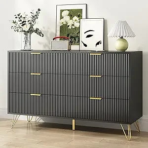 White 6 Drawer Dresser with Golden Handle, Fluted Wood Dressers, Modern Chest for Bedroom, Living Room, Hallway, Entryway