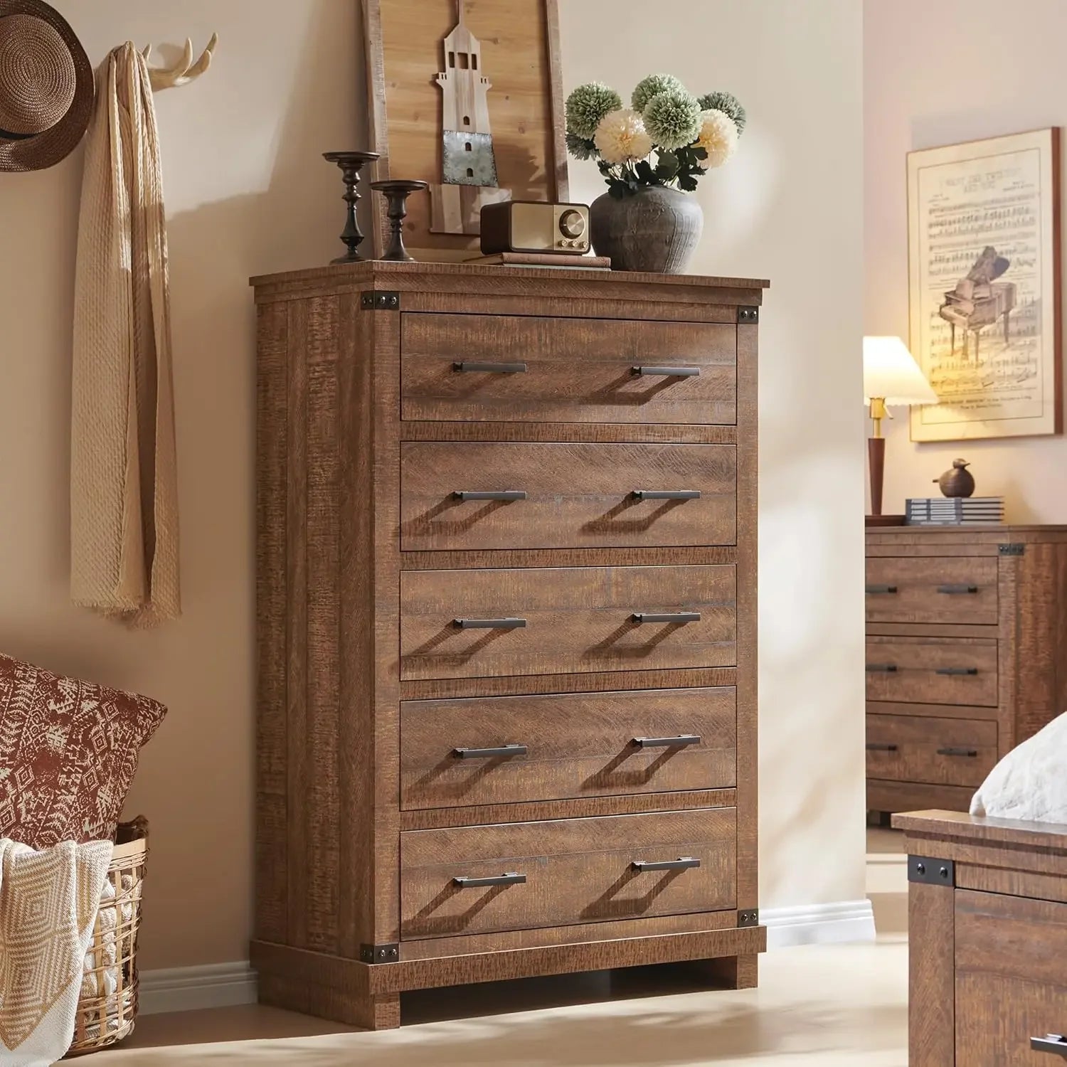 Farmhouse 5 Drawers Dresser for Bedroom, Tall Chest of Drawers with Thick Plank Styling, Wood Rustic Closet Dresser for Bedroom