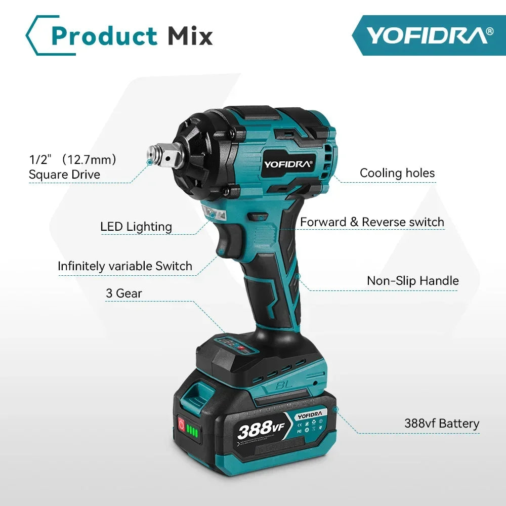 1000N.M Torque Brushless Electric Impact Wrench 1/2 inch Cordless Wrench Power Tool For Makita 18V Battery Pin