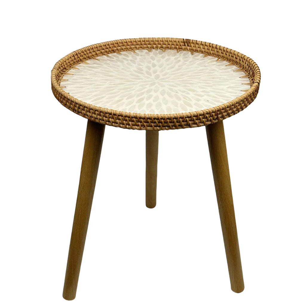 Rattan Round End Table, Boho Side Table for Living Room with Mother of Pearl Inlay, Small Coffee Table Wicker Bedsid Table