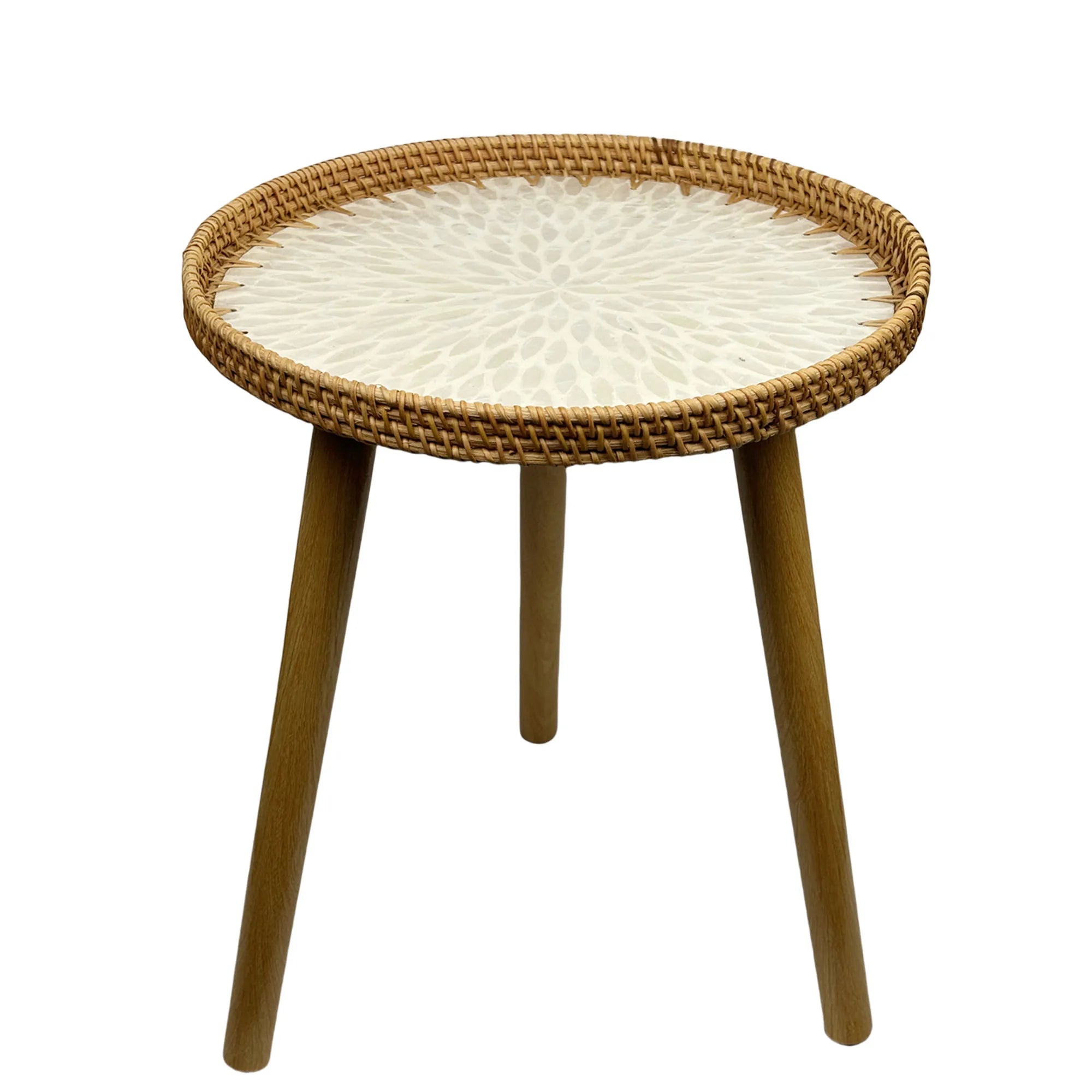 Rattan Round End Table, Boho Side Table for Living Room with Mother of Pearl Inlay, Small Coffee Table Wicker Bedsid Table