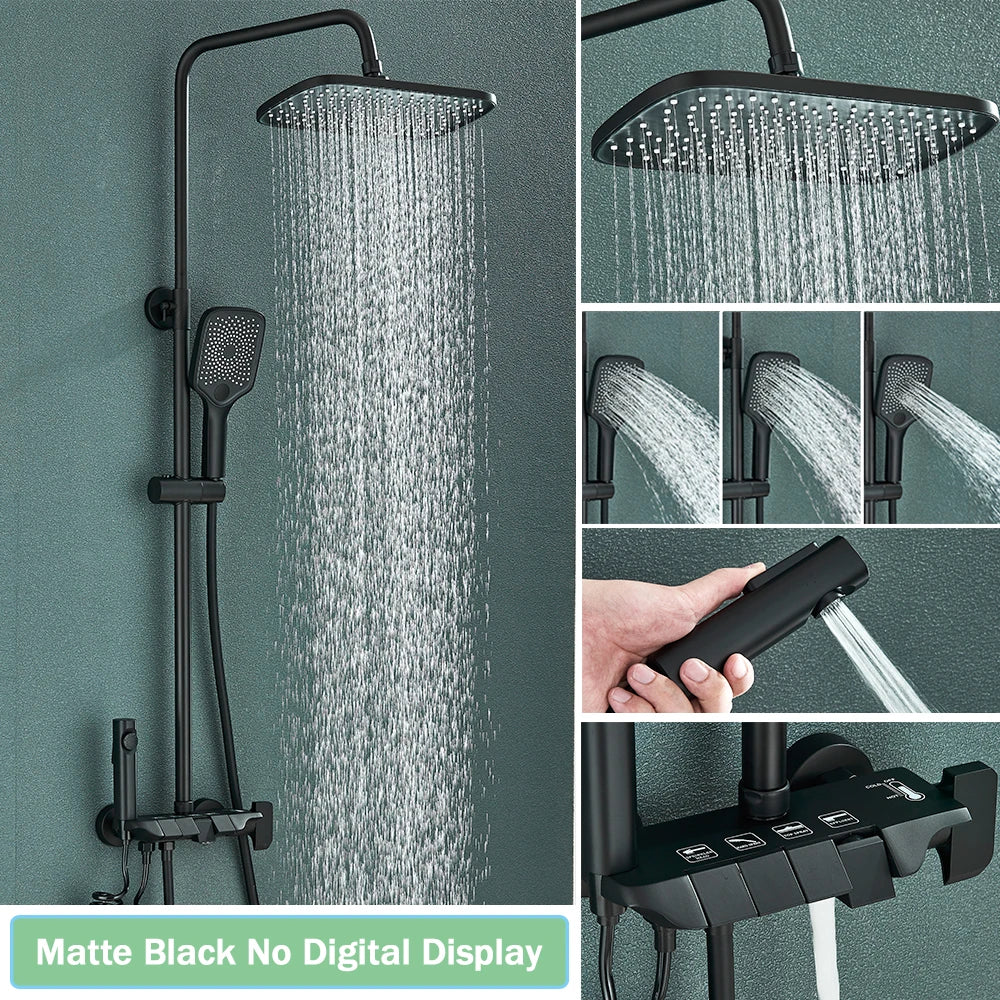 Rozin Black Smart Digital Display Shower Faucet Set Piano Style Rainlfall Bathroom System Grey Digital Mixer Tap Bidet Shower