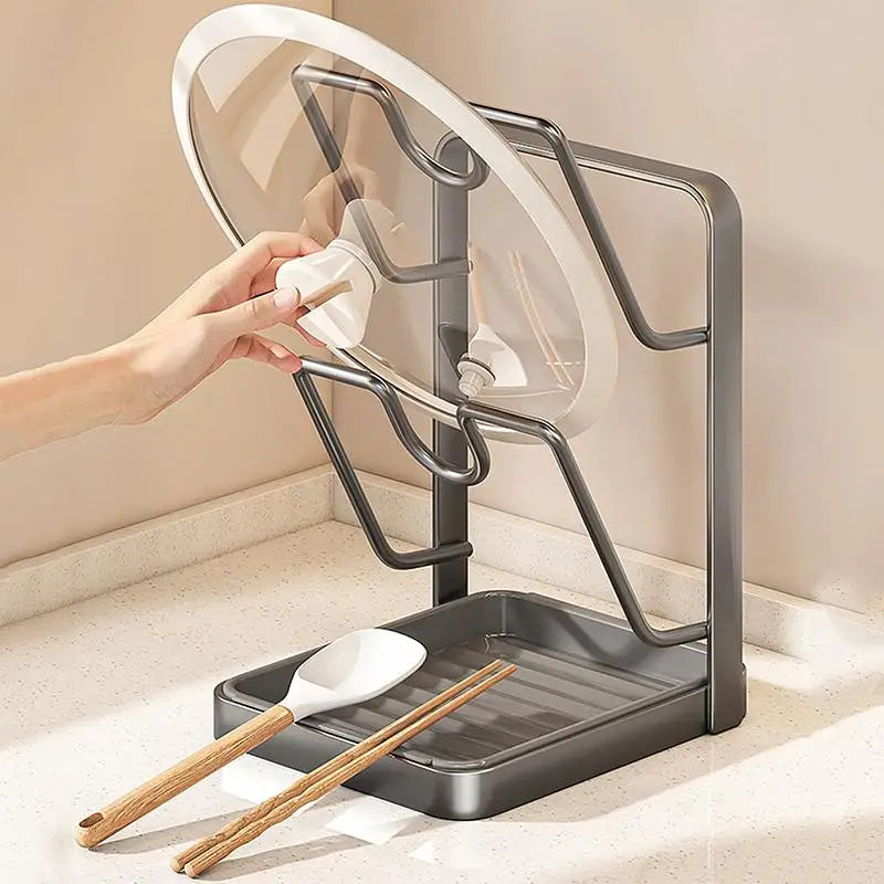 No Drill Kitchen Pot Lid Rack - Space Saving Countertop Organizer with Drainage Tray, Easy Clean Pot Lid Holder for Kitchen Stor