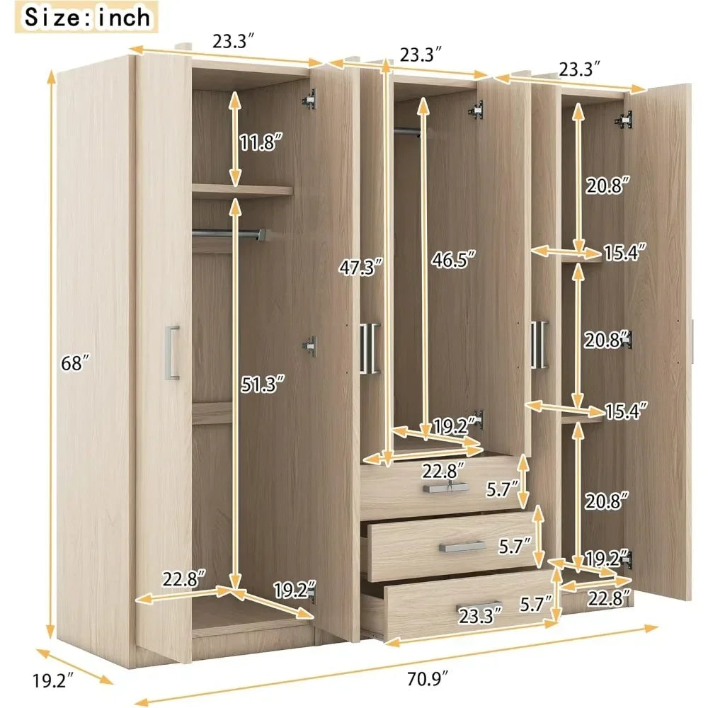 Large Wardrobe Closet 6 Doors, 70.9" W Wooden Wardrobe Cabinet with Big Drawers, Bedroom Armoire Dresser Wardrobe Clothes Organi