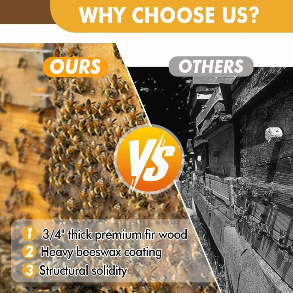 10 Frame Langstroth Beehive Kit Dipped in 100% Beeswax Bee Hives with 1 Deep Bee Box and 1 Medium Bee Hive Box with Frame