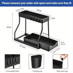 2 Tier Under Sink Organizer, Pull Out Cabinet Storage Shelf with Hooks & Hanging Cup, Space Saving Rack for Kitchen Bathroom