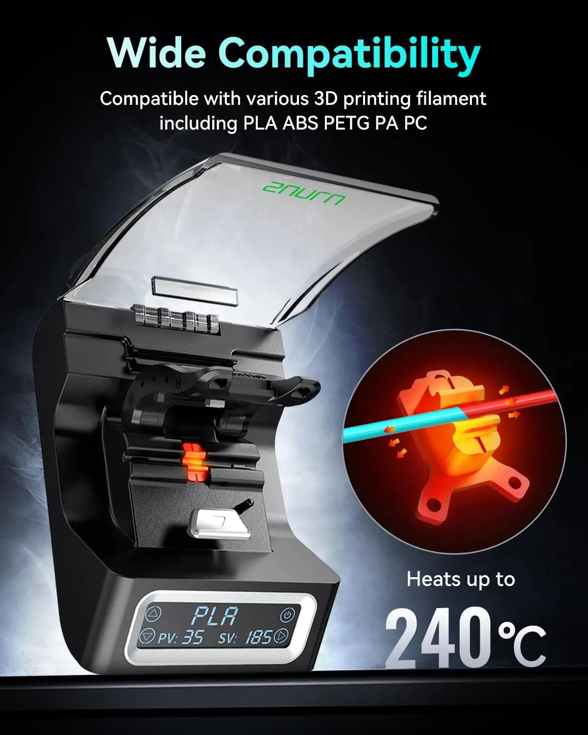 SUNLU Filament Connector FC01 for 1.75mm PLA/ABS/PETG/PA/PC Filament Fast Welding Splicer Simple to Use with 200pcs PTFE Sleeve