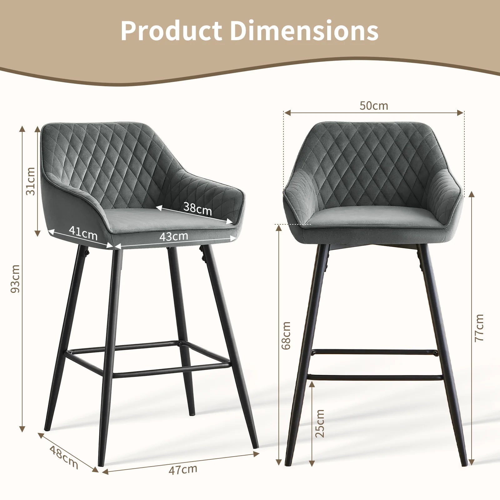 AINPECCA Bar stools Set of 2 Velvet/FauxSuede/Faux Leather Upholstered Seat with Backrest & Armrest Metal Legs Counter Breakfast