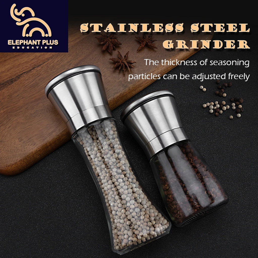 Kitchen Grinder 304 Stainless Steel - for Pepper, Sea Salt & Spices, Adjustable Coarse to Fine, Refillable with Glass Jar