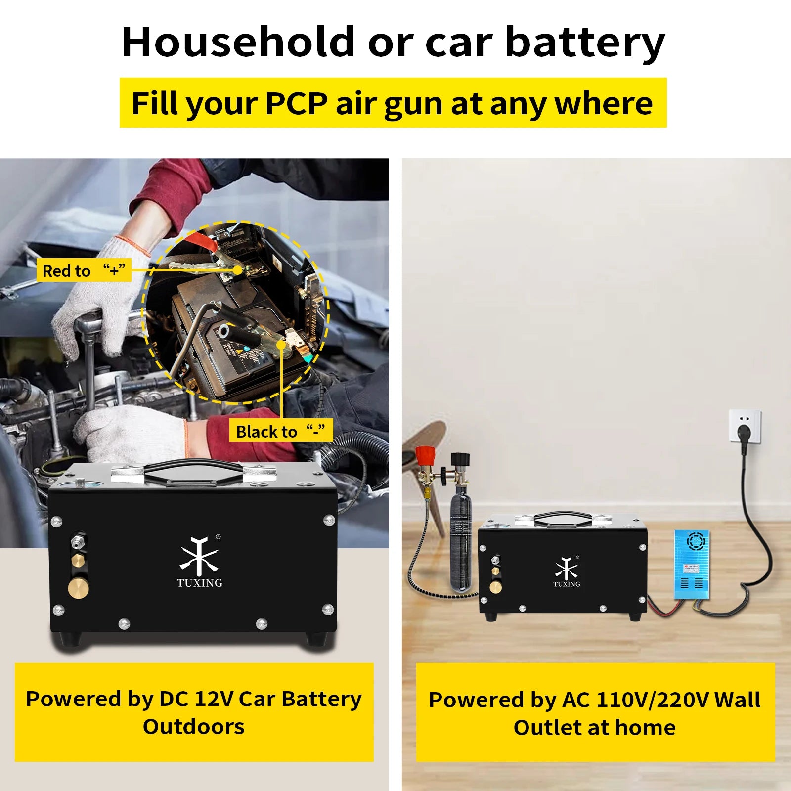 TUXING TXET061 300Bar 12V PCP Air Compressor 4500Psi Portable High Pressure Auto-Stop Compressor with 12V Power Supply PCP Rifle