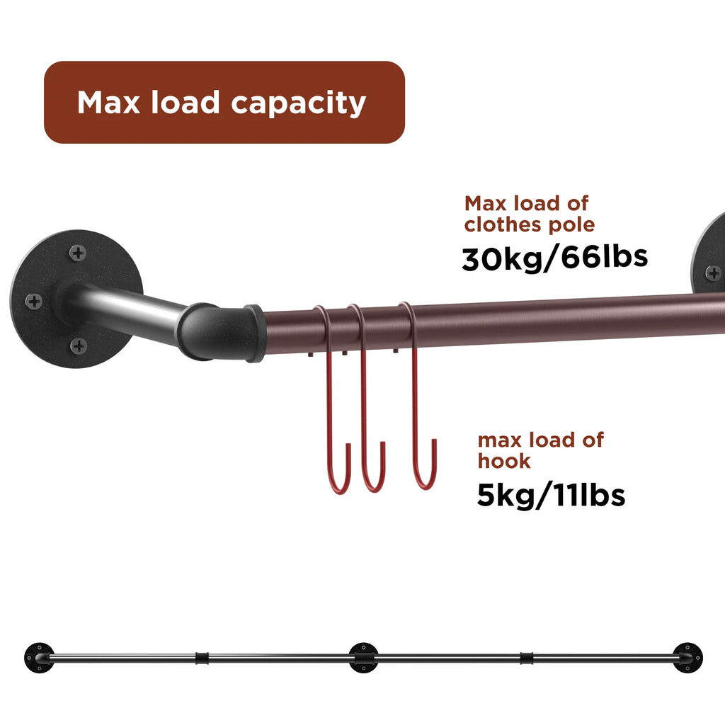 70.8 Inch Industrial Pipe Clothing Rack Wall Mounted Clothes Rail Garment Hanging Bar Rod Display Rack Closet Storage