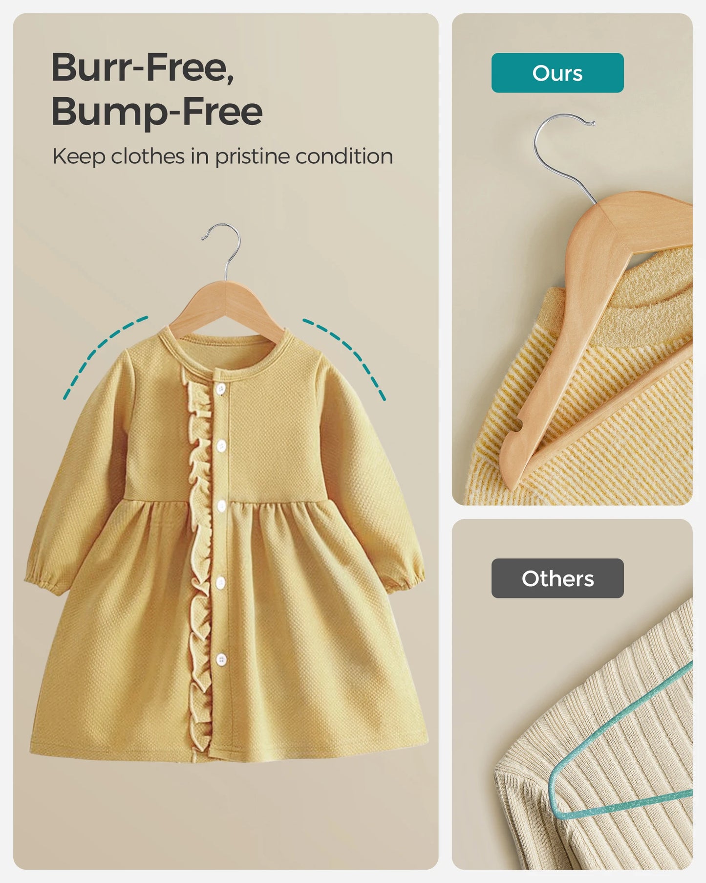 SONGMICS Kids Wooden Hangers 20 Pack, Solid Wood Baby Hangers, Children's Coat Hangers with Pants Bar, Shoulder Notches