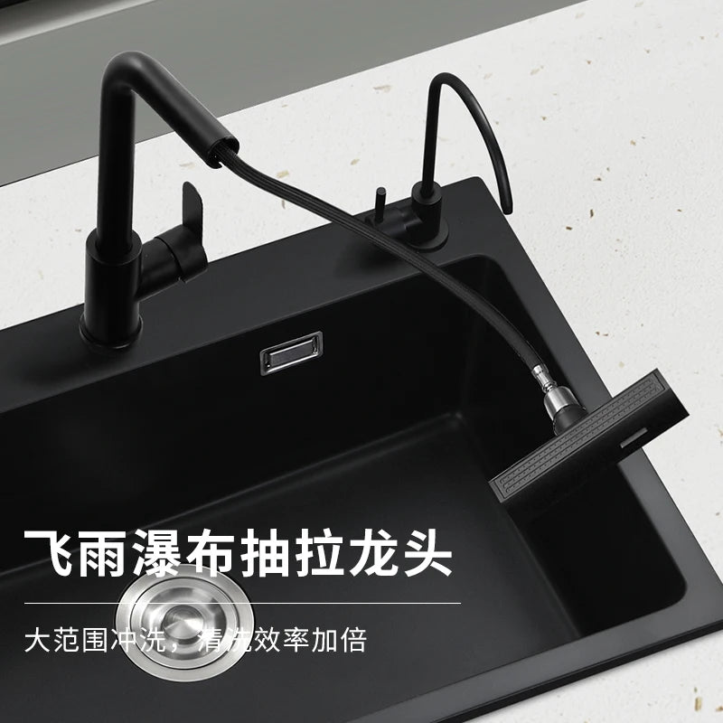 Black Quartz Stone Sink, Kitchen Large Single Sink, Household Vegetable Embedded Countertop Sink