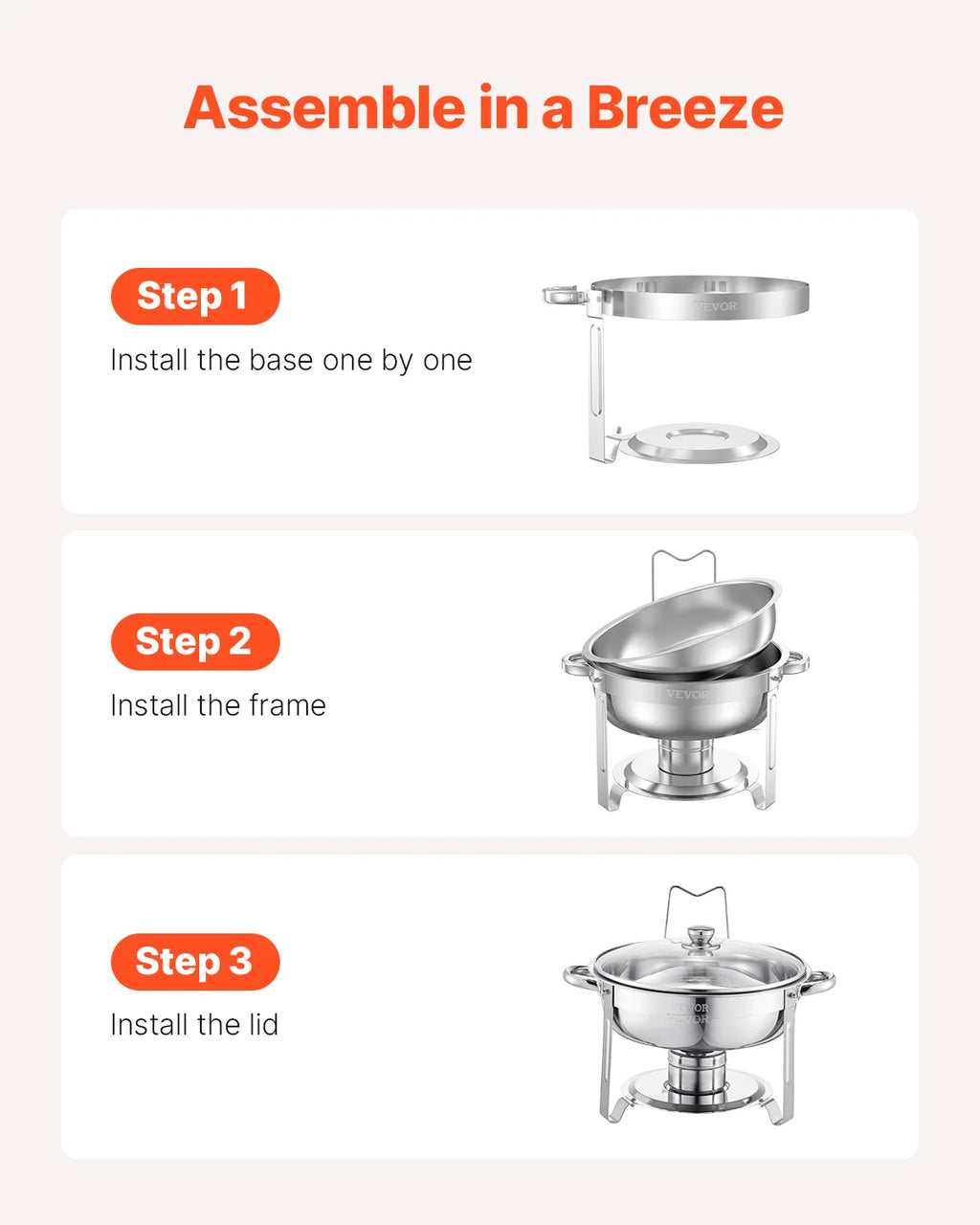 VEVOR 4 Pack Chafing Dish Buffet Stainless Steel Chafer with 4 Full Size Pan Round Catering Warmer w/Glass Lid for Party Banquet