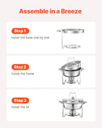 VEVOR 4 Pack Chafing Dish Buffet Stainless Steel Chafer with 4 Full Size Pan Round Catering Warmer w/Glass Lid for Party Banquet