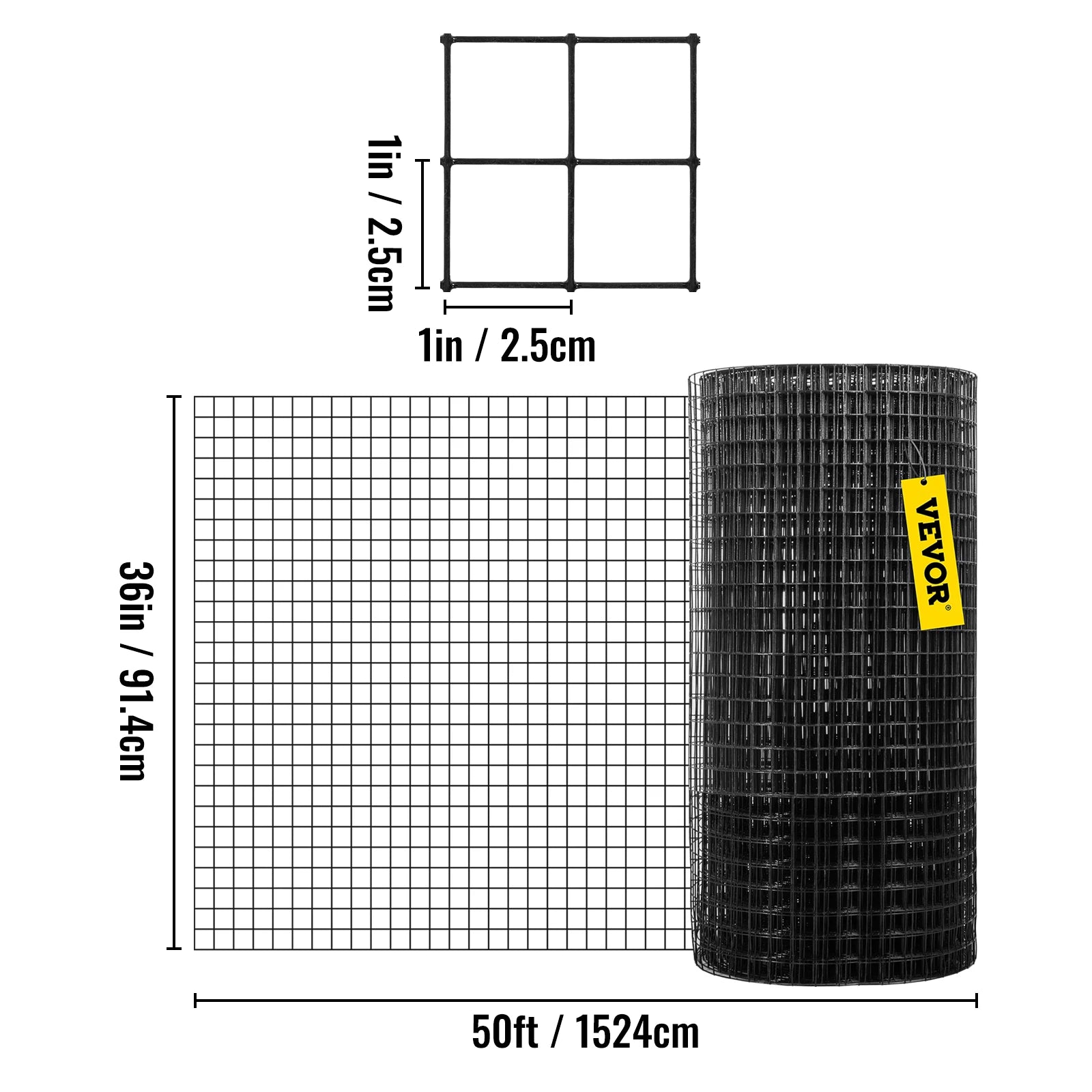 VEVOR Welded Wire Fence Vinyl Coated Chicken Rabbit Mesh 1"x1" 16 Gauge 24"x50'/24"x100'/36"x50' Black Hardware Cloth & Mesh