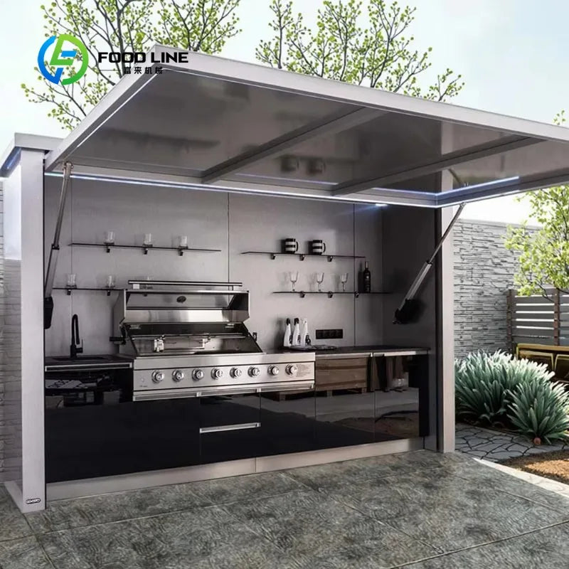 Customized Modern Portable Outdoor Kitchen Unit 8-Burner BBQ 58L Fridge Sink Acrylic Locking Swivel Casters Patio Party Catering