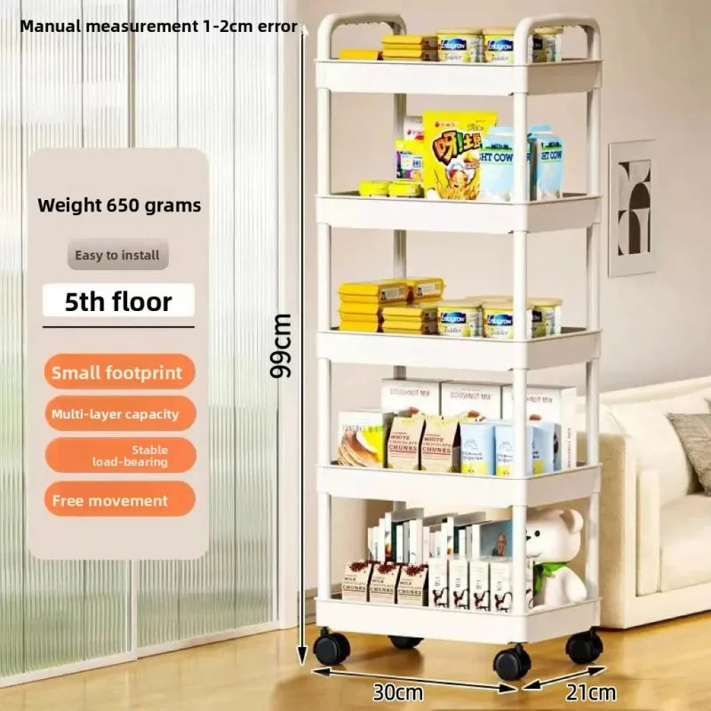 5-Layer Mobile Trolley Kitchen Storage Shelf, Floor Standing Multi-Tier Rack for Books Snacks Fruits Vegetables Organizer