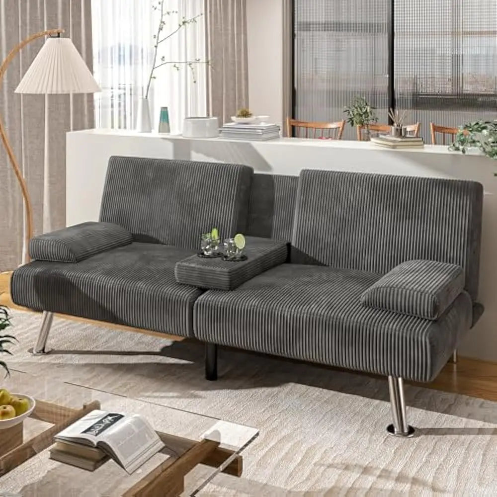 Modern Sofa Bed with Cupholders & Metal Legs