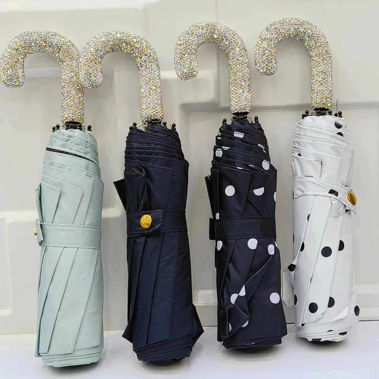 Bling Rhinestones Handle Sunshade Umbrella Women's Sunshine Rain Umbrella Portable Polka Dots Anti UV Folding Sun Umbrella