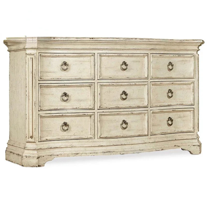 American Country Solid Wood Dresser Bedroom Chest of Drawers TV Cabinet Multi-Drawer Locker White as Old Vintage Furniture