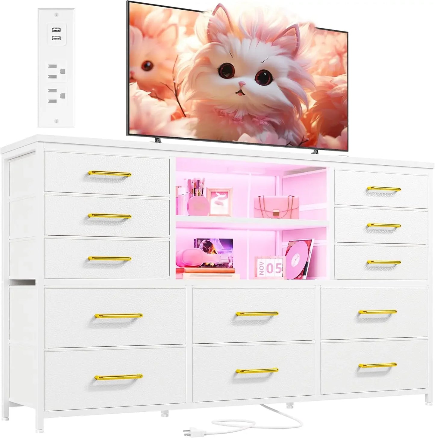 Dresser with LED Lights & Power Outlets, 12 Drawers Dresser TV Stand for 60''TV for Bedroom Dresser Fabric Dressers & Chest